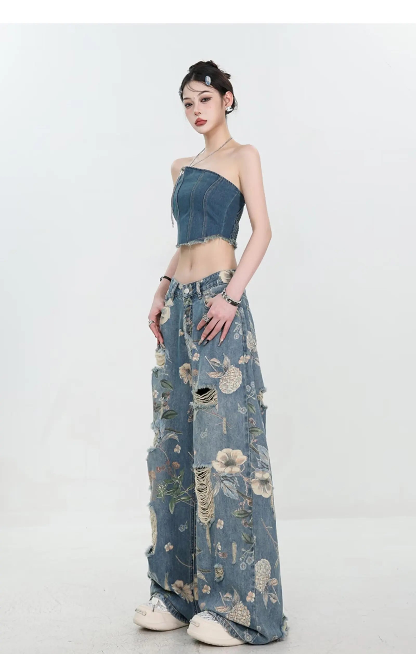 Floral Distressed Wide-Leg Denim Jeans