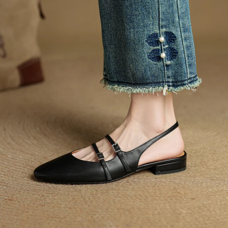 Genuine Leather Double Strap Slingback Ballet Flats