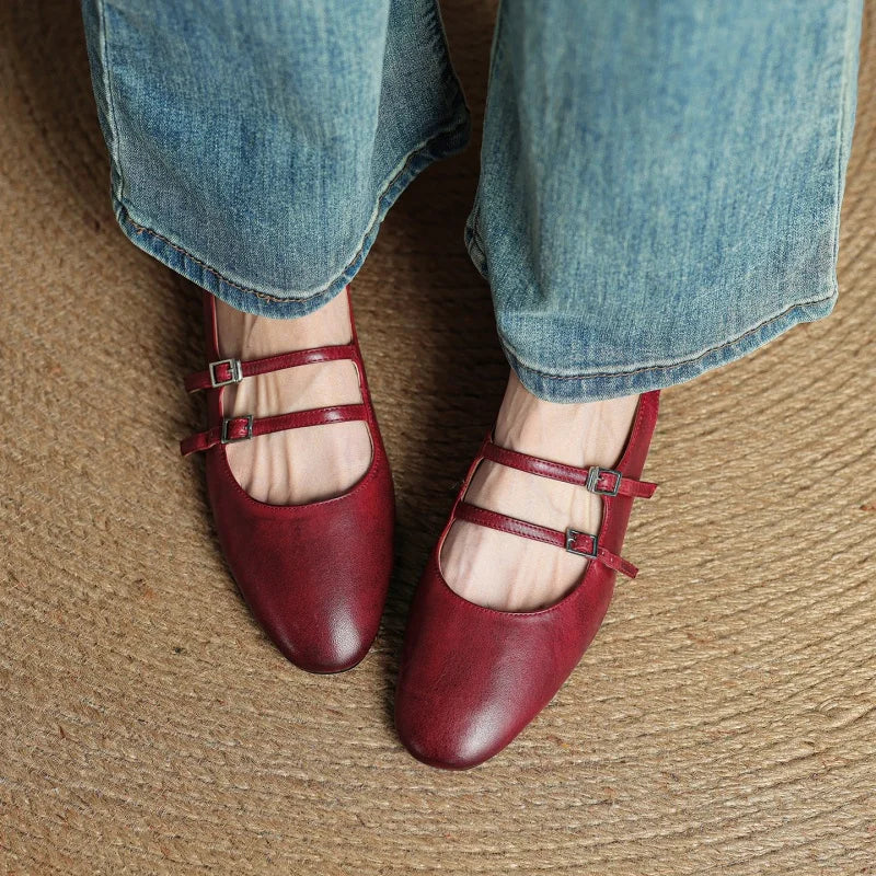 Genuine Leather Double Strap Slingback Ballet Flats