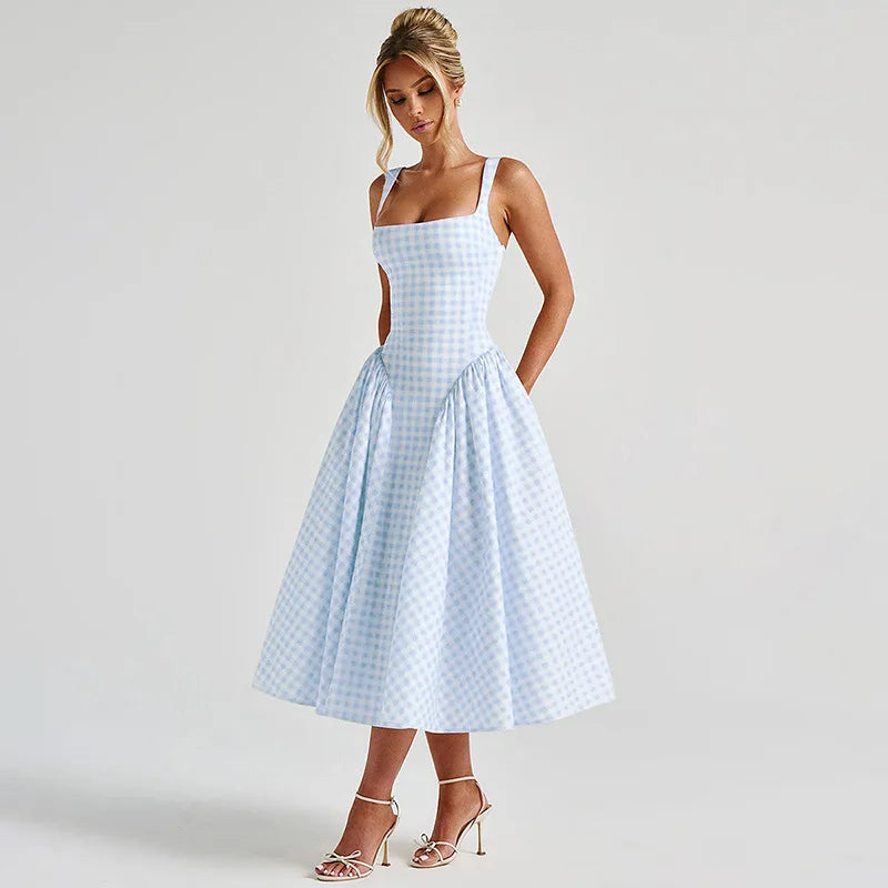 Pastel Check Square Neck A-Line Sundress with Adjustable Straps
