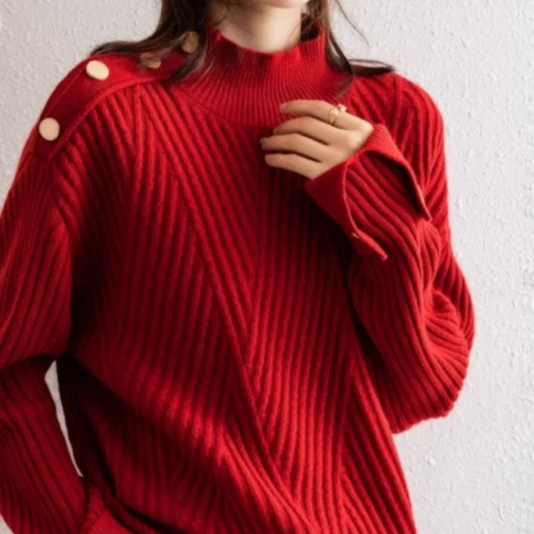 Oversized Ribbed High-Neck Button Sweater