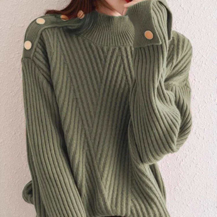 Oversized Ribbed High-Neck Button Sweater