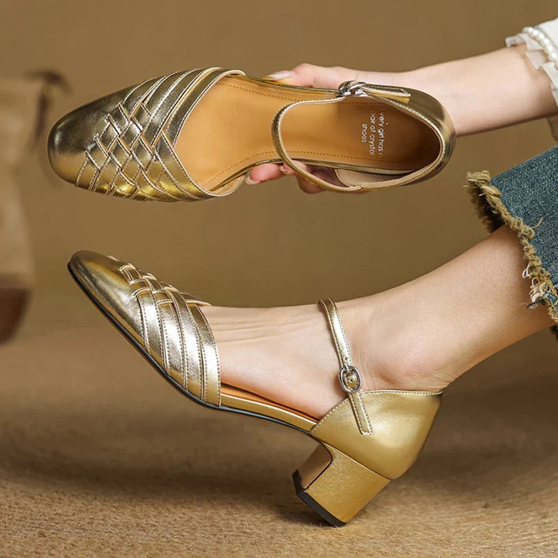 Adjustable Strap Leather Block Heel Sandals