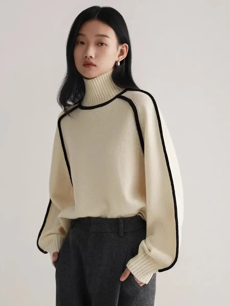 Contrast Seam Relaxed Turtleneck Sweater