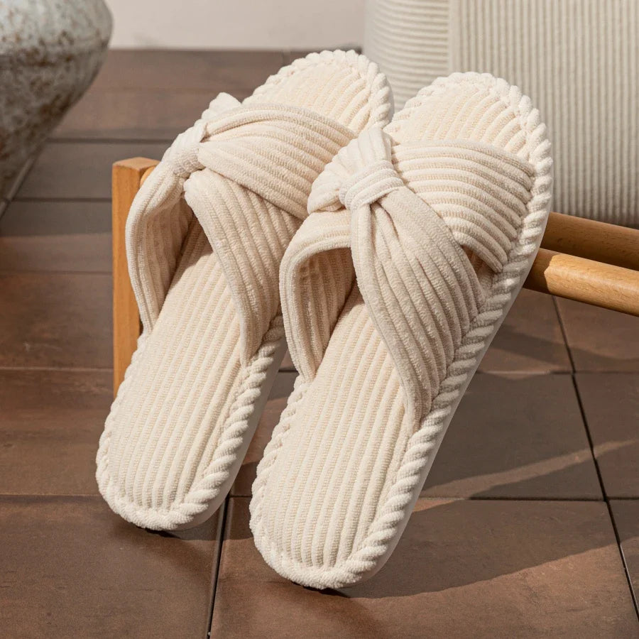 Open-Toe Bow Corduroy Plush Comfort Slippers