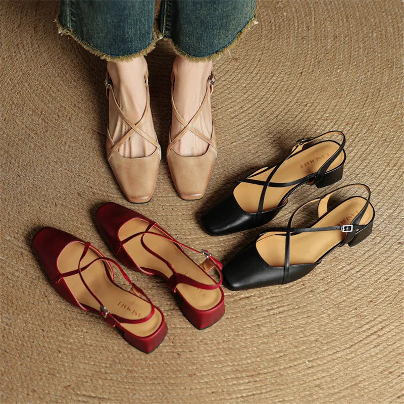 Genuine Leather Closed-Toe Block Heel Pumps
