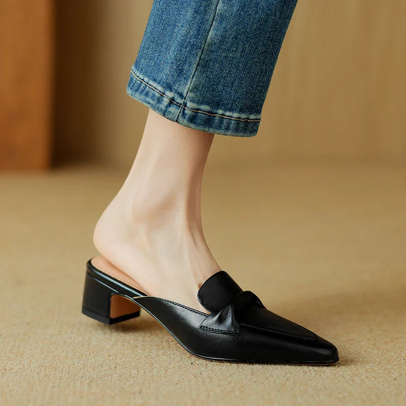 Pointed Toe Genuine Leather Block Heel Mules