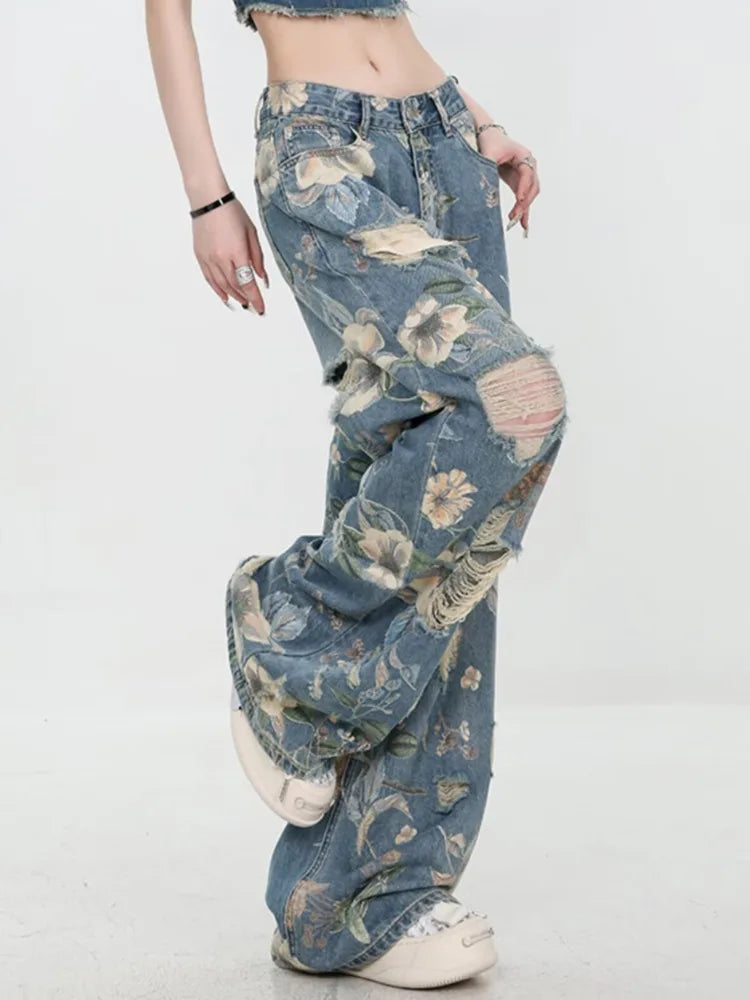 Floral Distressed Wide-Leg Denim Jeans