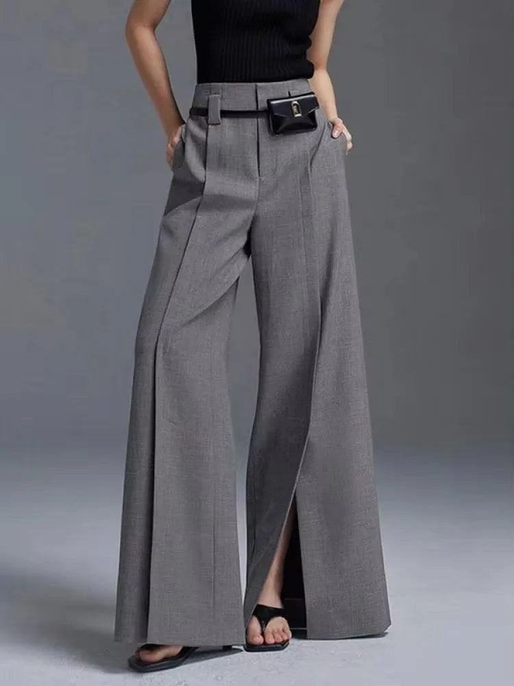 Pleated High-Waist Split Front Wide-Leg Trousers