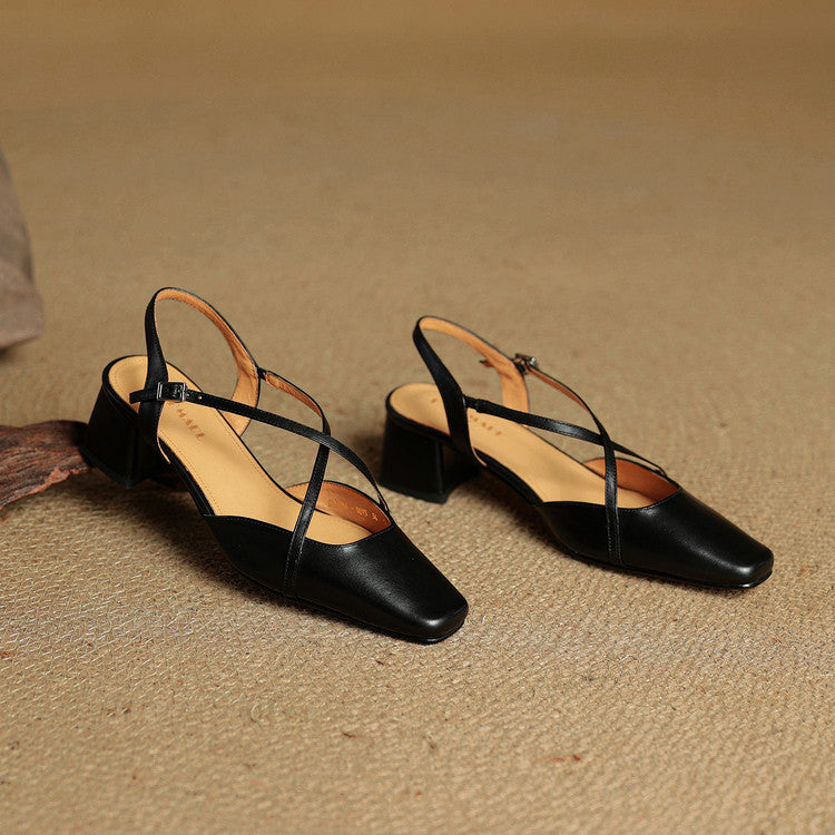 Genuine Leather Closed-Toe Block Heel Pumps