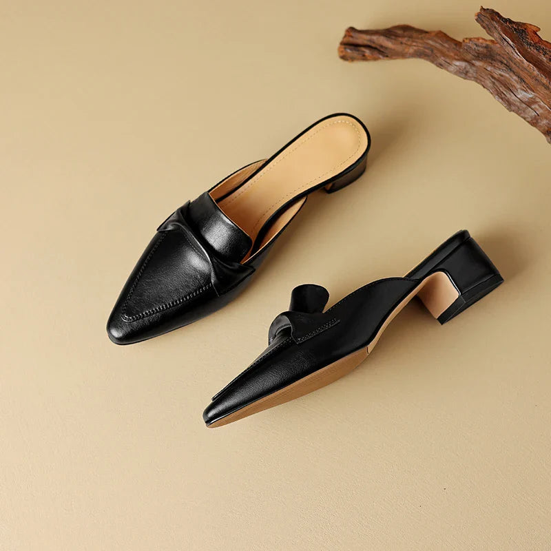 Pointed Toe Genuine Leather Block Heel Mules