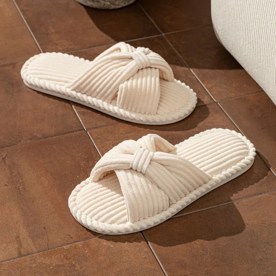 Open-Toe Bow Corduroy Plush Comfort Slippers