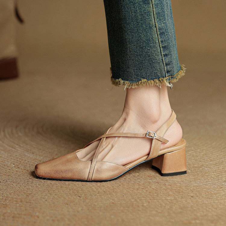 Genuine Leather Closed-Toe Block Heel Pumps