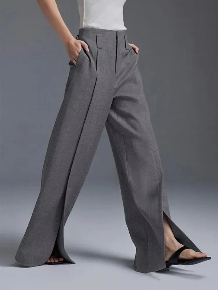 Pleated High-Waist Split Front Wide-Leg Trousers