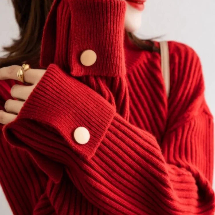 Oversized Ribbed High-Neck Button Sweater
