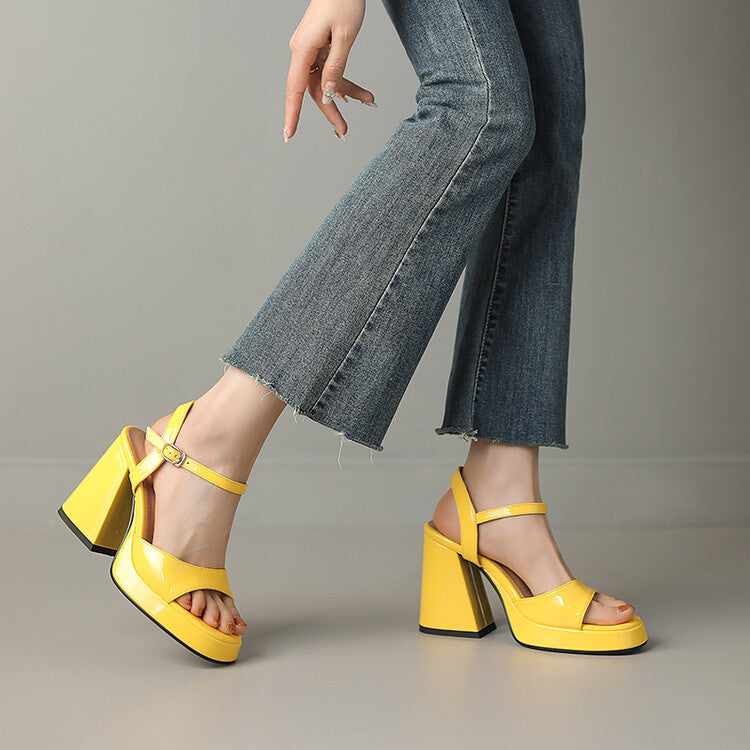 Glossy Patent Block Heel Sandals with Ankle Strap