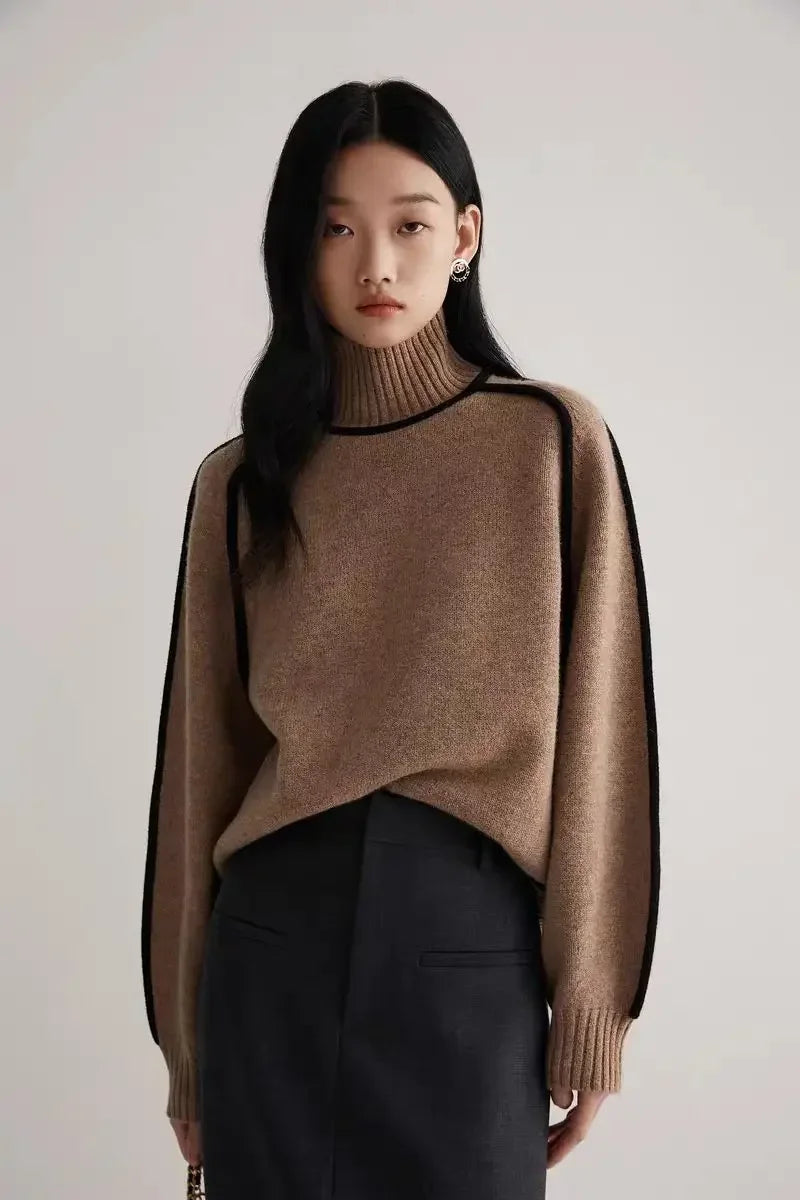 Contrast Seam Relaxed Turtleneck Sweater