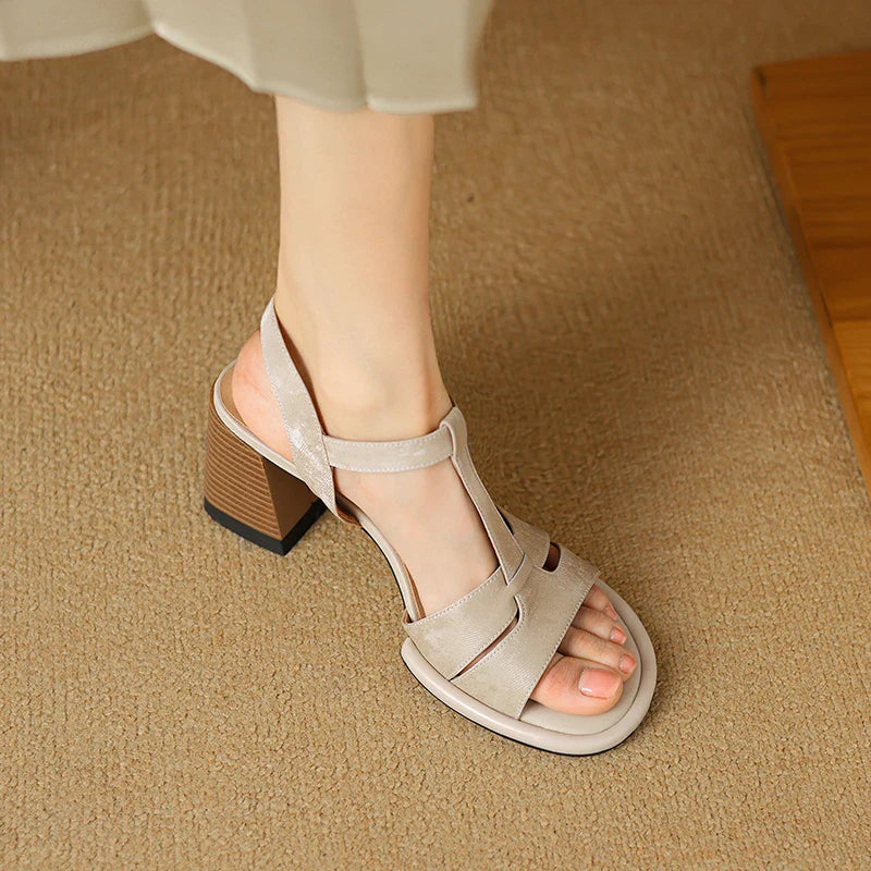 Suede Open-Toe Block Heel Sandals with Ankle Strap