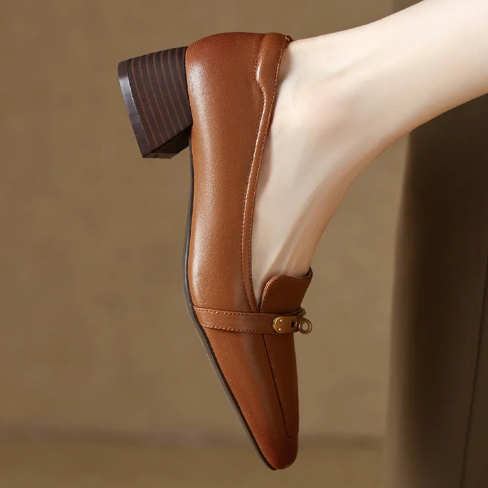 Square Toe Genuine Leather Low Block Heel Pumps