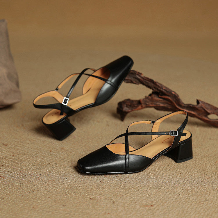 Genuine Leather Closed-Toe Block Heel Pumps