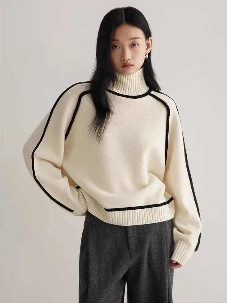 Contrast Seam Relaxed Turtleneck Sweater