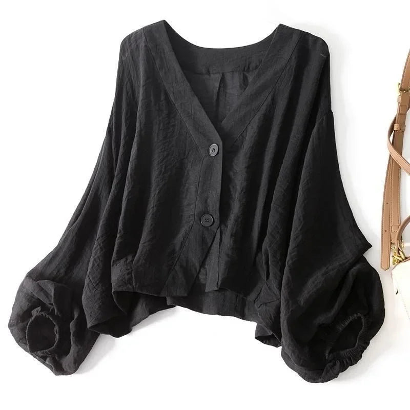 Draped Chiffon Blouson Sleeve Button Blouse