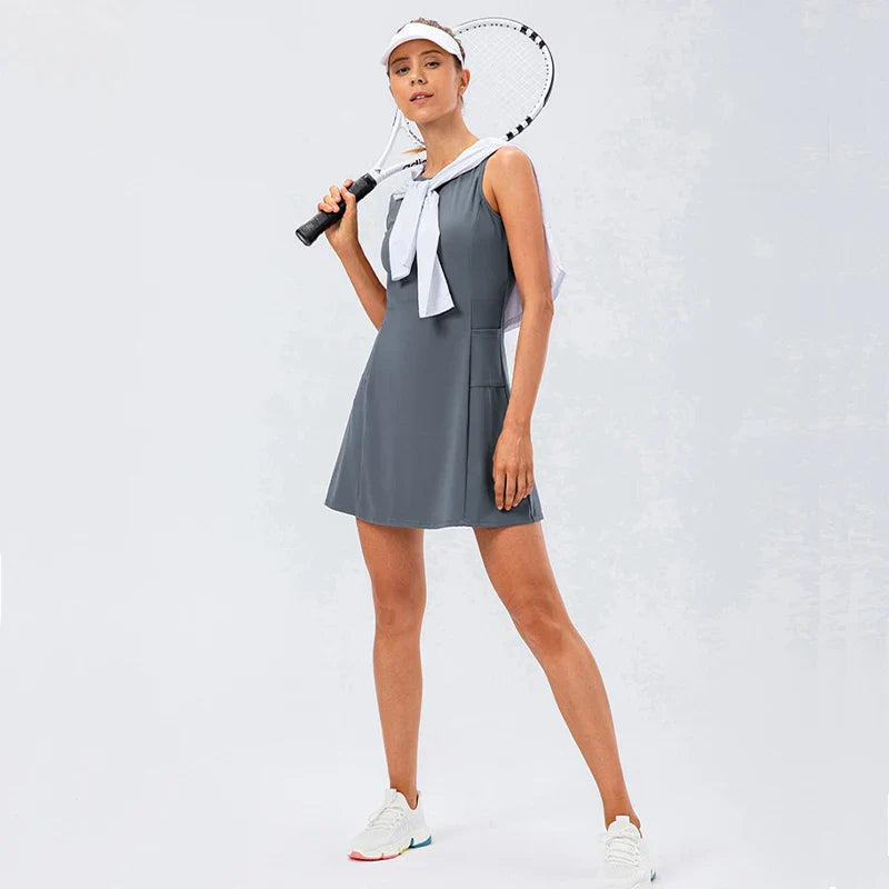 Performance 4-Way Stretch Athleisure Tennis Dress with Built-In Shorts