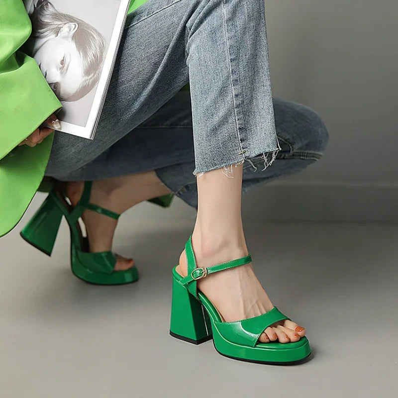Glossy Patent Block Heel Sandals with Ankle Strap