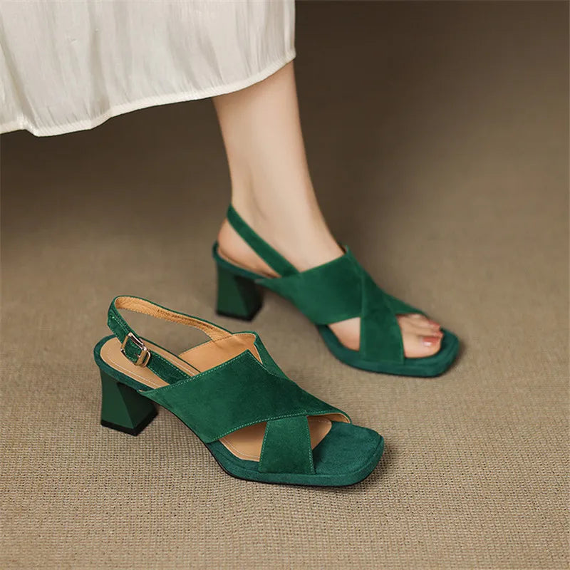 Buttery Suede Block Heel Ankle Strap Sandals