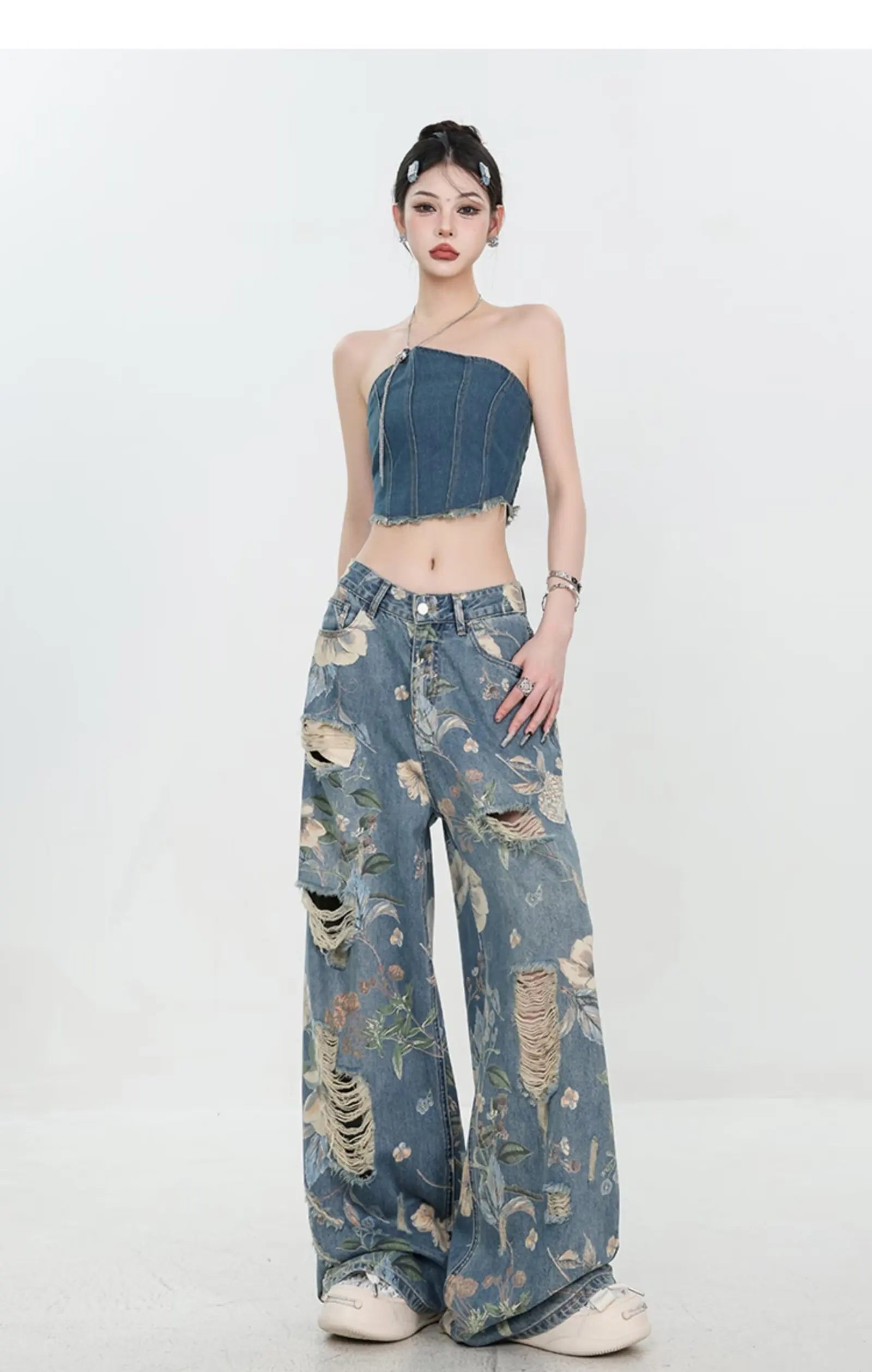 Floral Distressed Wide-Leg Denim Jeans