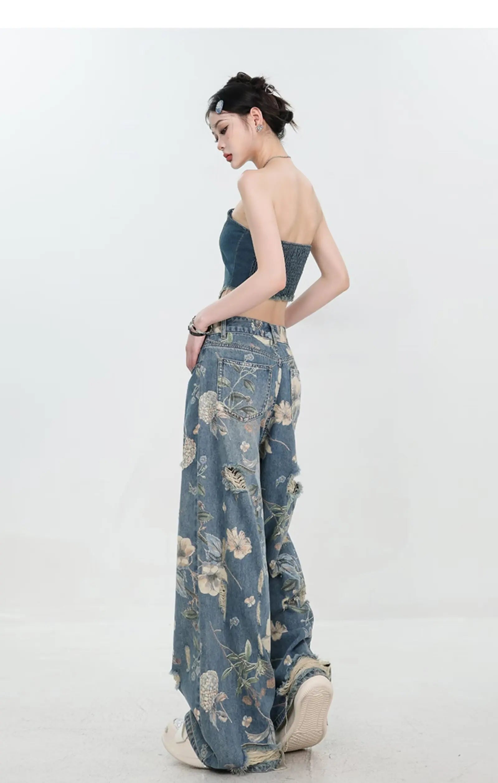 Floral Distressed Wide-Leg Denim Jeans