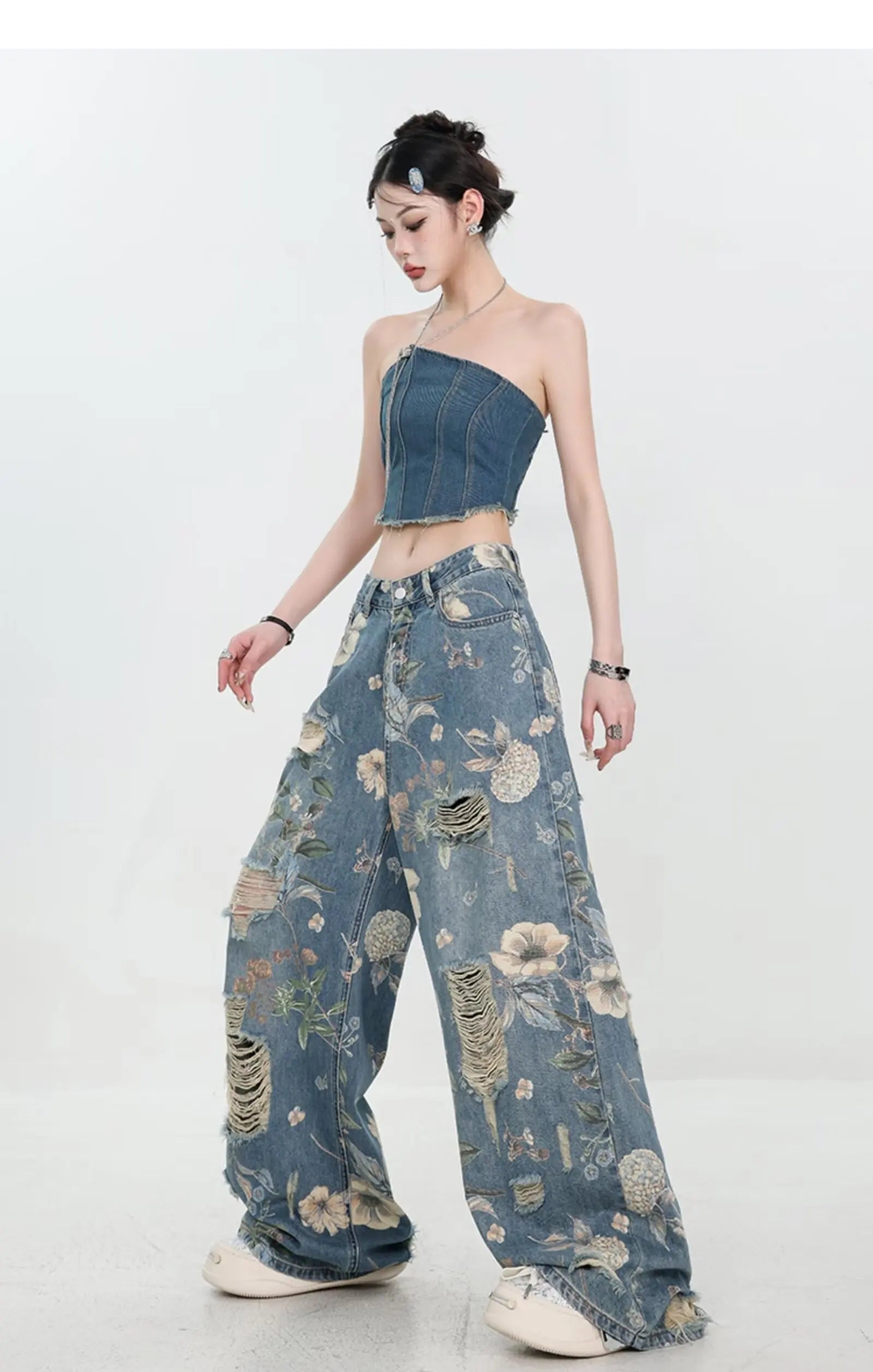 Floral Distressed Wide-Leg Denim Jeans