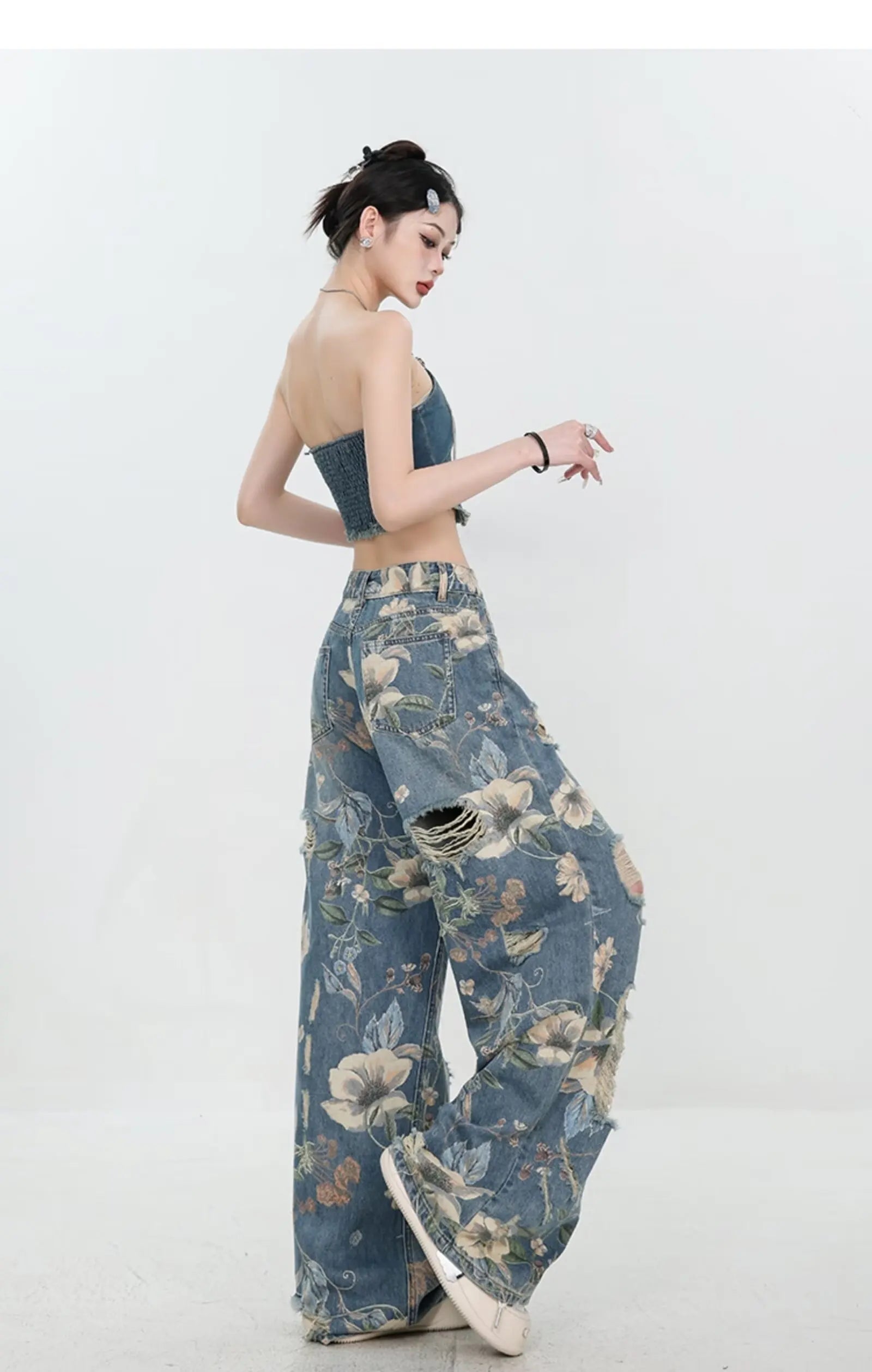 Floral Distressed Wide-Leg Denim Jeans