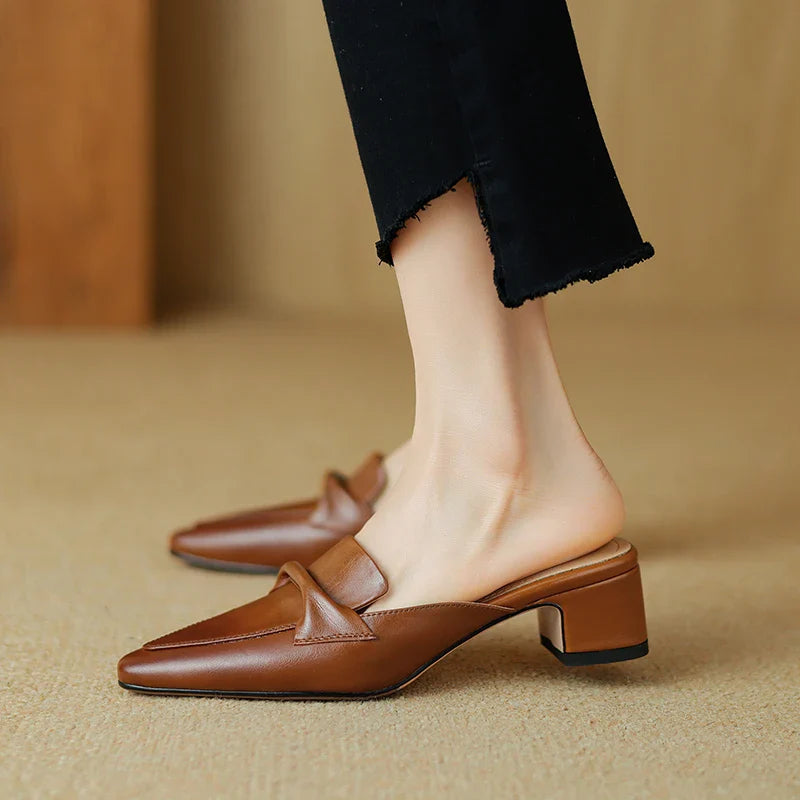 Pointed Toe Genuine Leather Block Heel Mules