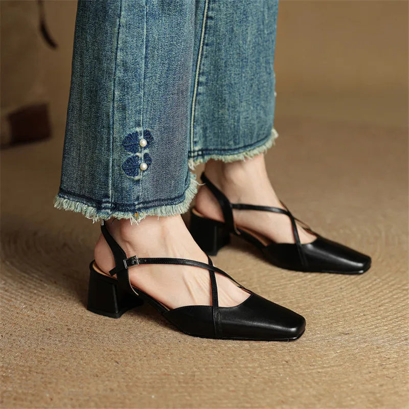 Genuine Leather Closed-Toe Block Heel Pumps