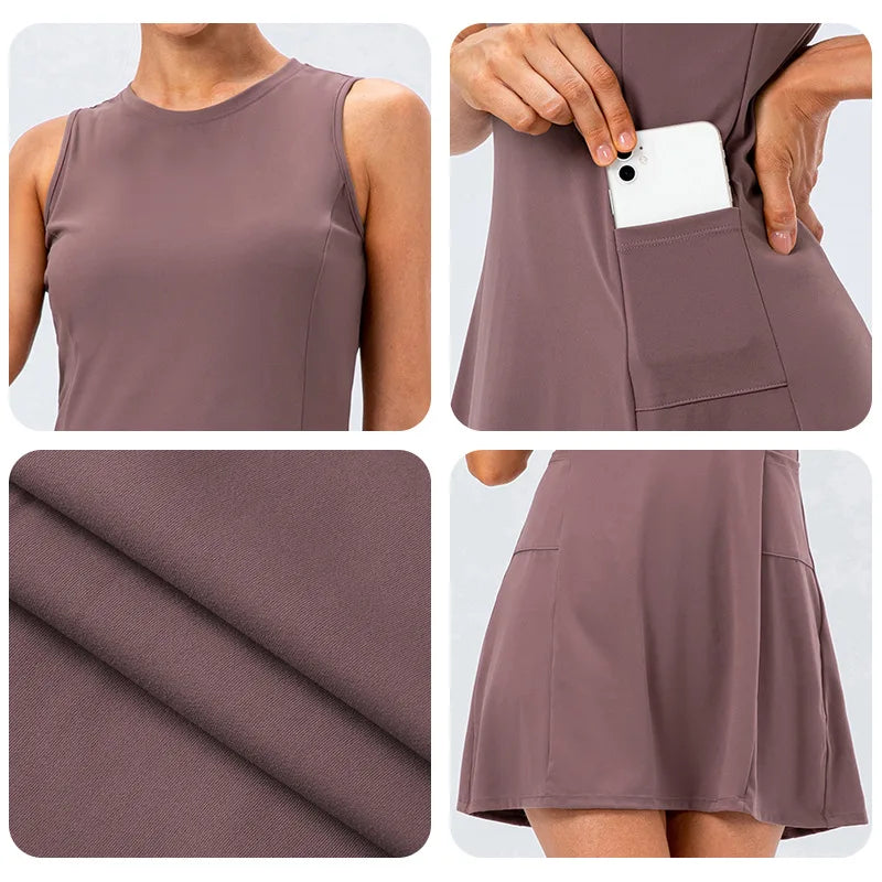 Performance 4-Way Stretch Athleisure Tennis Dress with Built-In Shorts