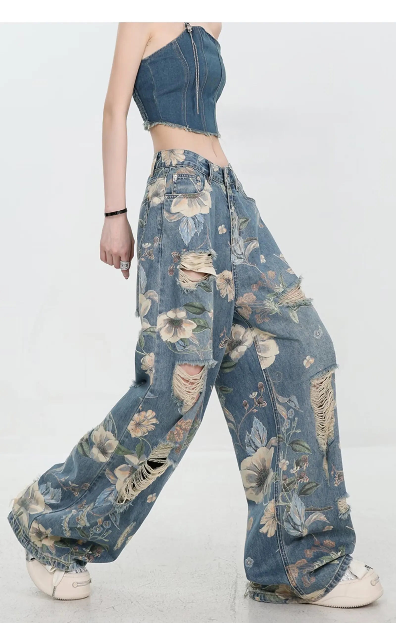 Floral Distressed Wide-Leg Denim Jeans