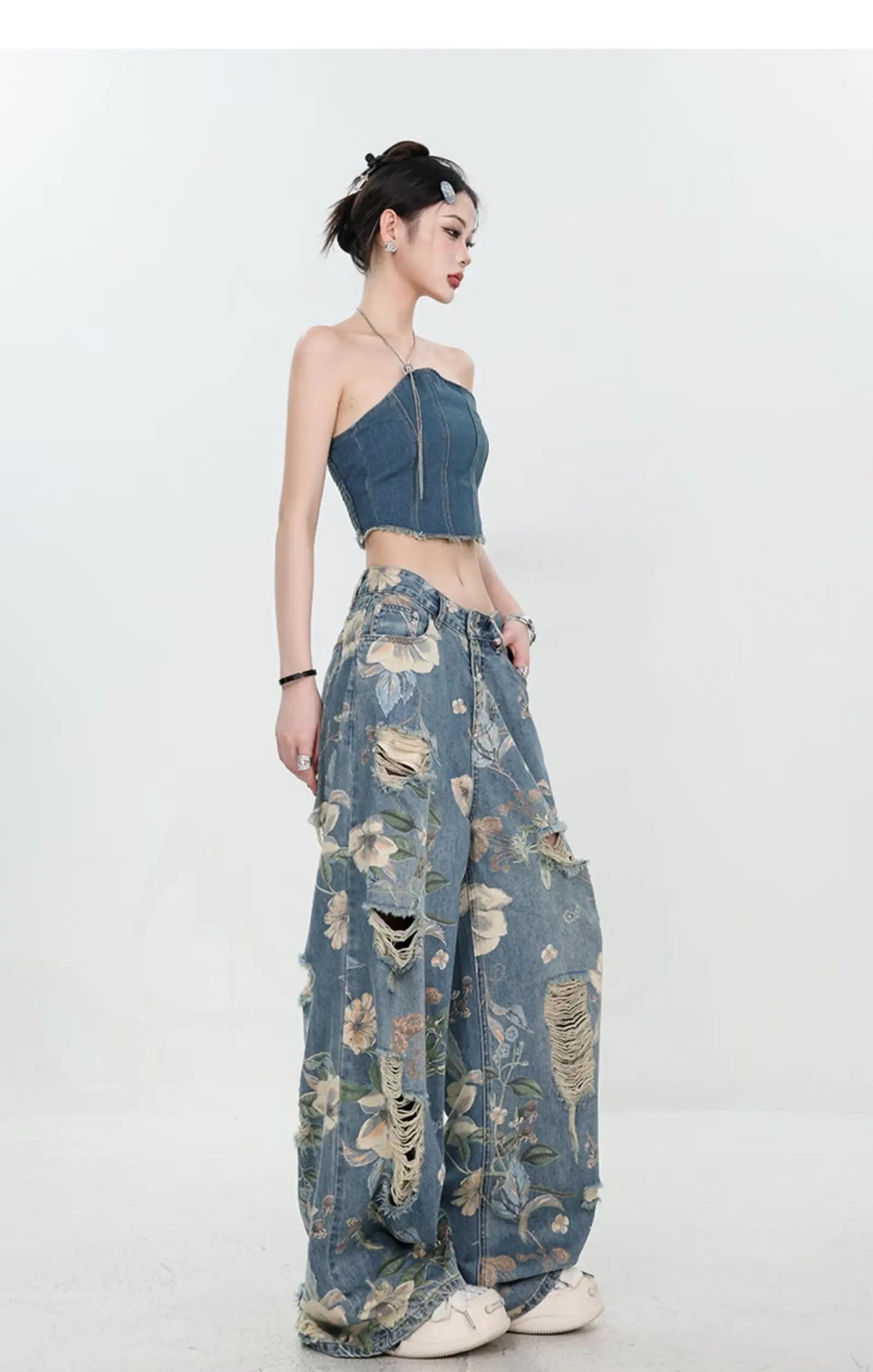 Floral Distressed Wide-Leg Denim Jeans