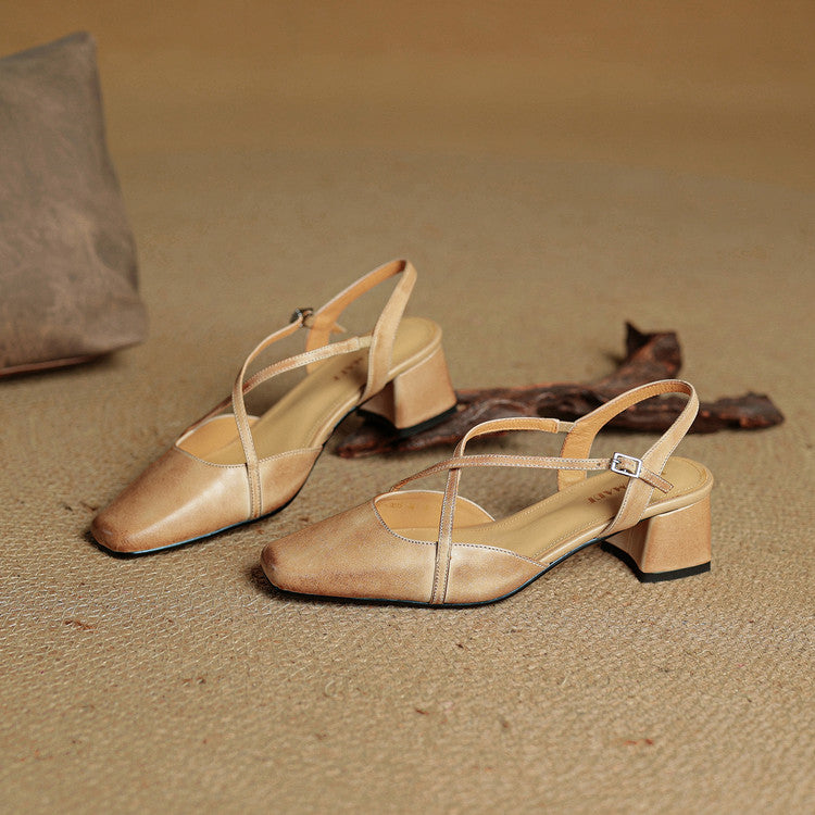 Genuine Leather Closed-Toe Block Heel Pumps