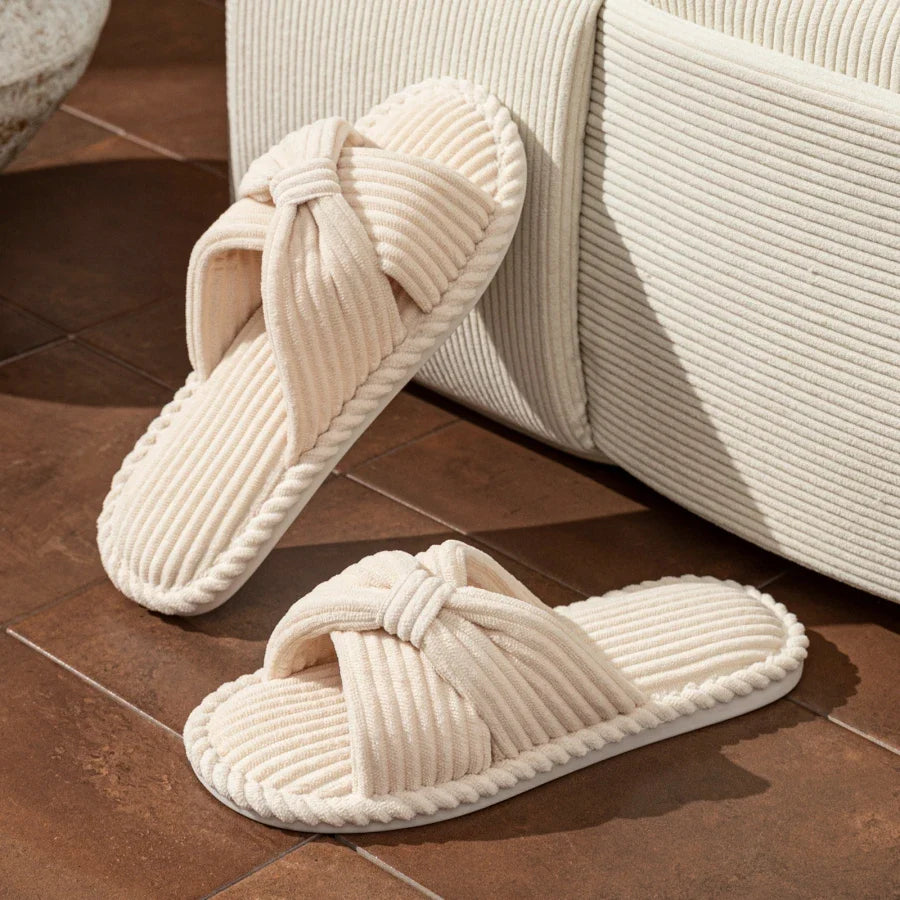 Open-Toe Bow Corduroy Plush Comfort Slippers