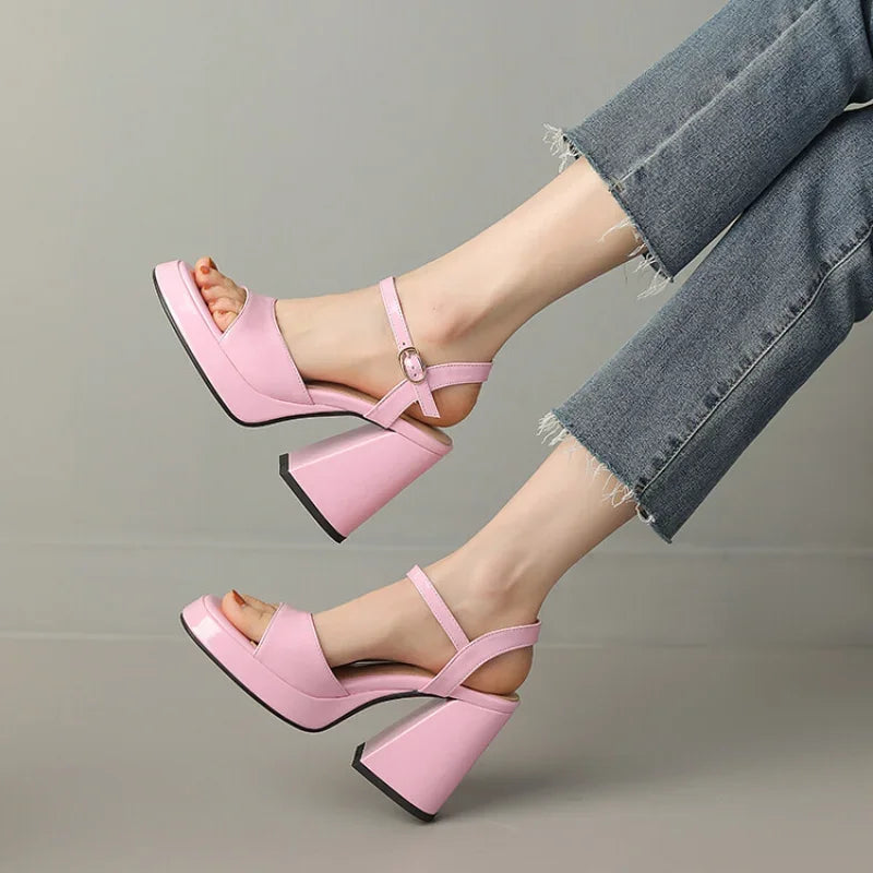 Glossy Patent Block Heel Sandals with Ankle Strap