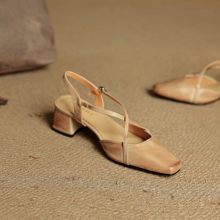 Genuine Leather Closed-Toe Block Heel Pumps