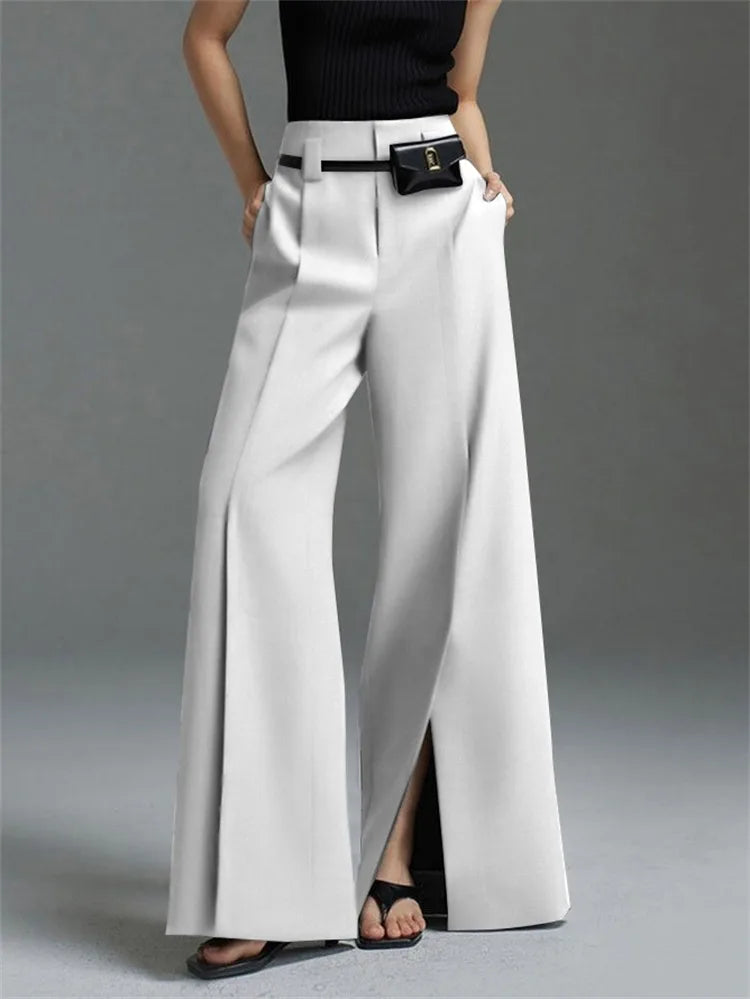 Pleated High-Waist Split Front Wide-Leg Trousers