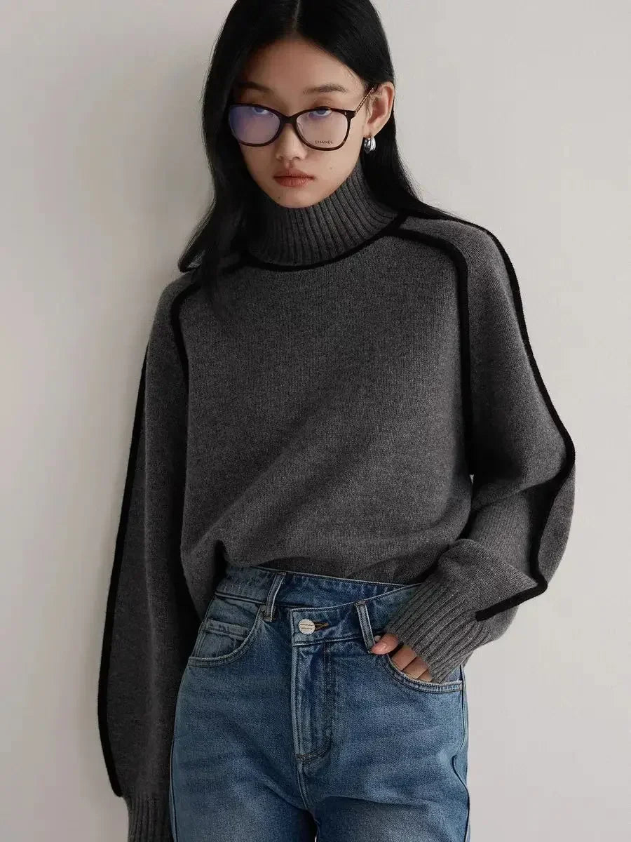 Contrast Seam Relaxed Turtleneck Sweater