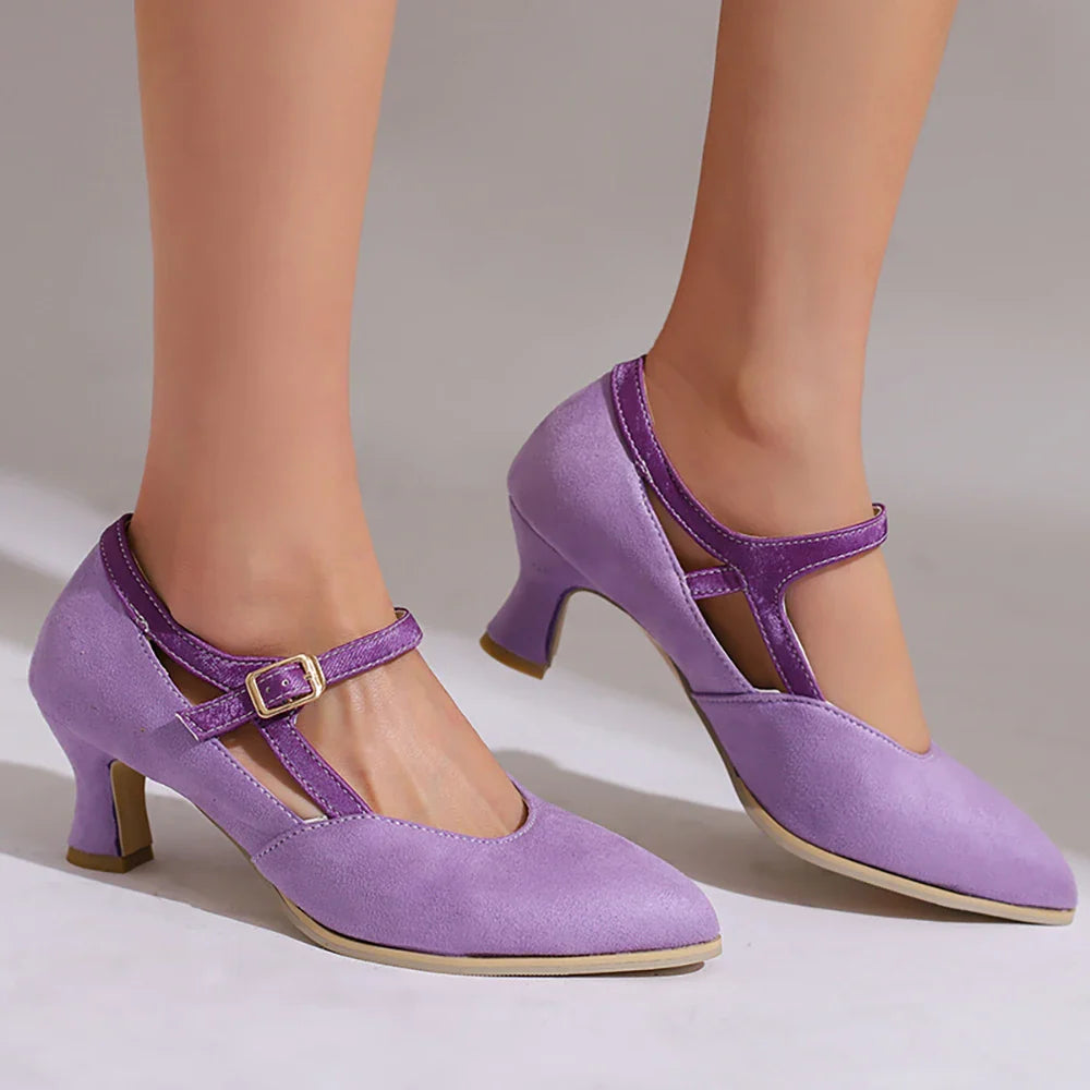 Suede Ankle Strap Closed-Toe Block Heel Pumps
