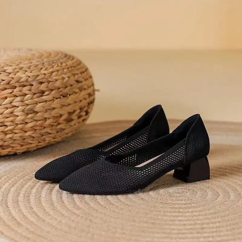 Breathable Knit Block Heel Pumps