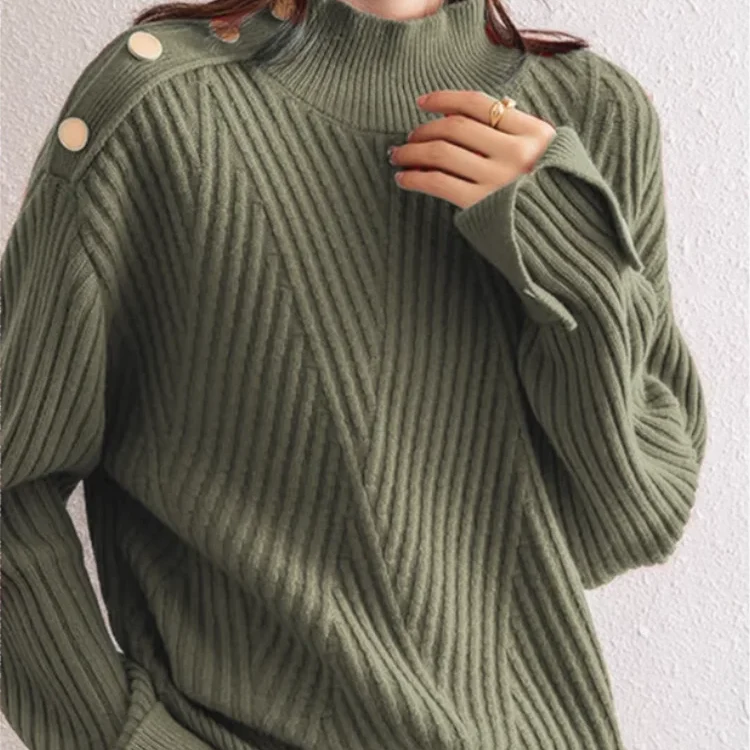 Oversized Ribbed High-Neck Button Sweater
