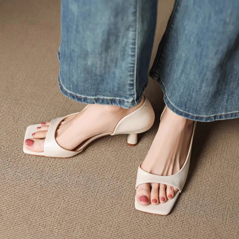 Square Toe Genuine Leather Sculpted Heeled Sandals