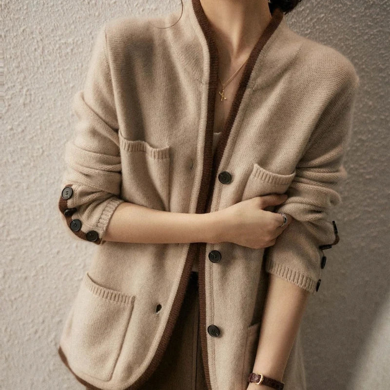 Contrast Trim Wool-Blend Relaxed Cardigan