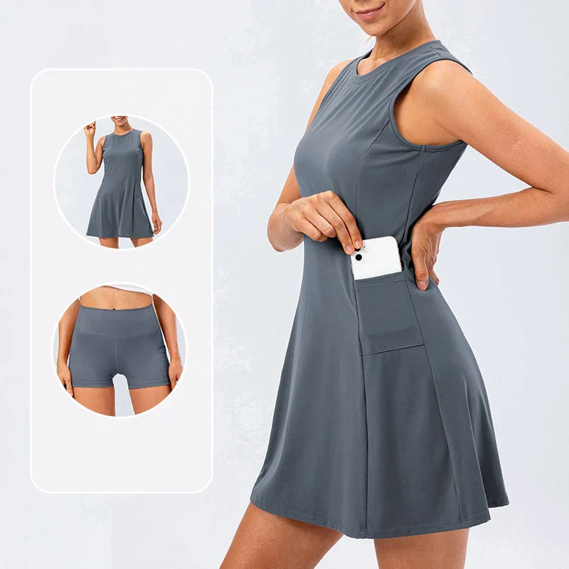 Performance 4-Way Stretch Athleisure Tennis Dress with Built-In Shorts